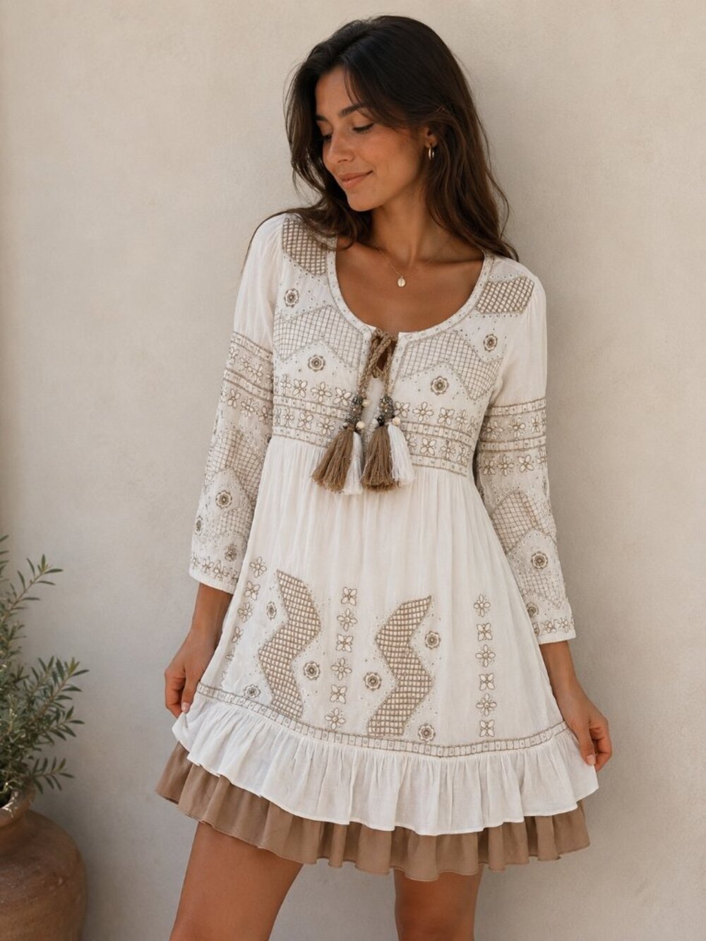 Diamond for Eden White & Beige Embroidered Boho Mini Dress – Size M/L